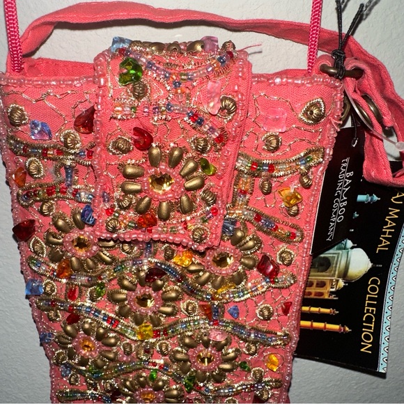 NWT Bamboo Trading Company Pink Beaded Tajmahal Club Crossbody Handmade Bag - Picture 5 of 8